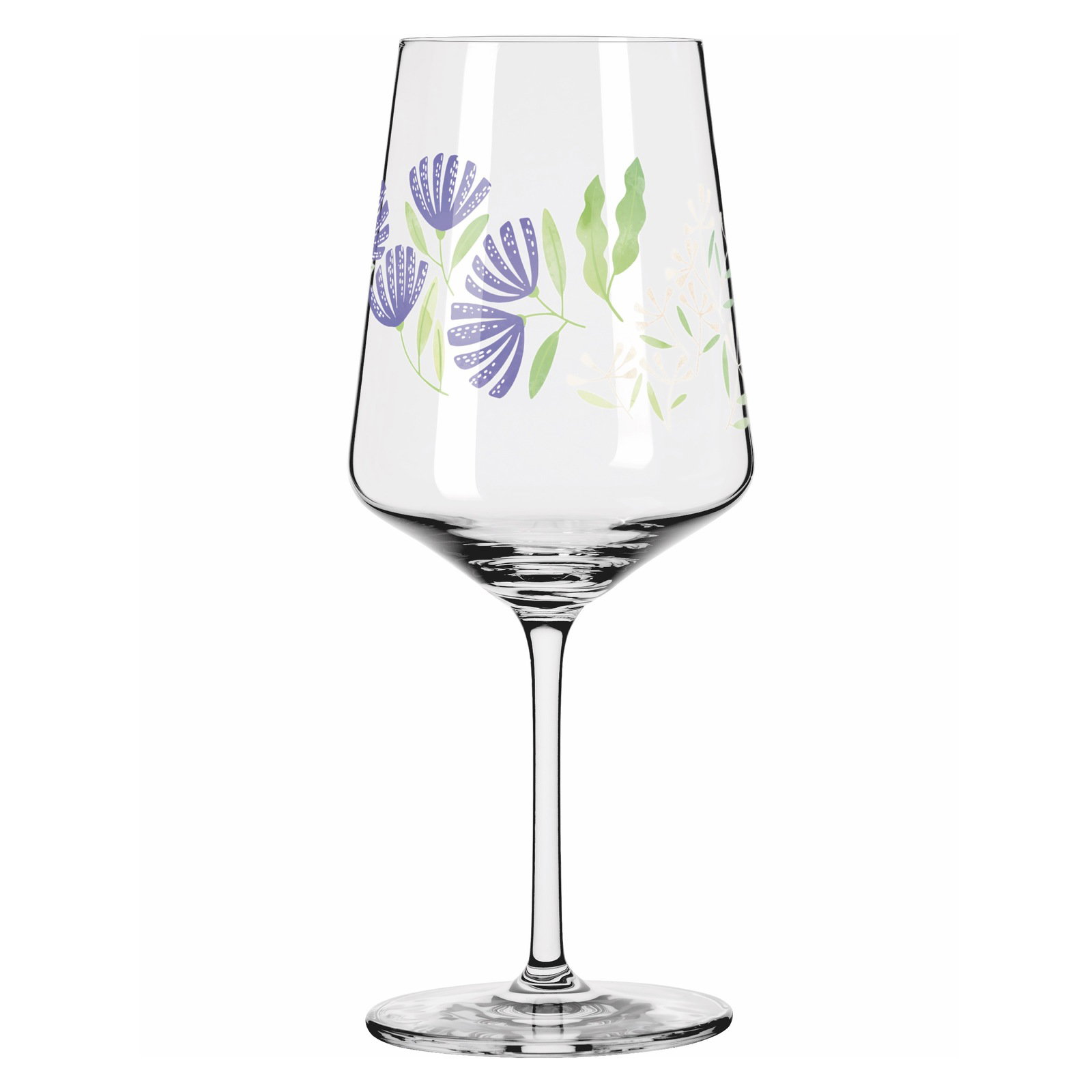 Weinglas mit floralem Muster, seitliche Perspektive