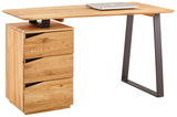 Moderner Schreibtisch aus Holz mit drei Schubladen und einem Metallbein, seitliche Perspektive
