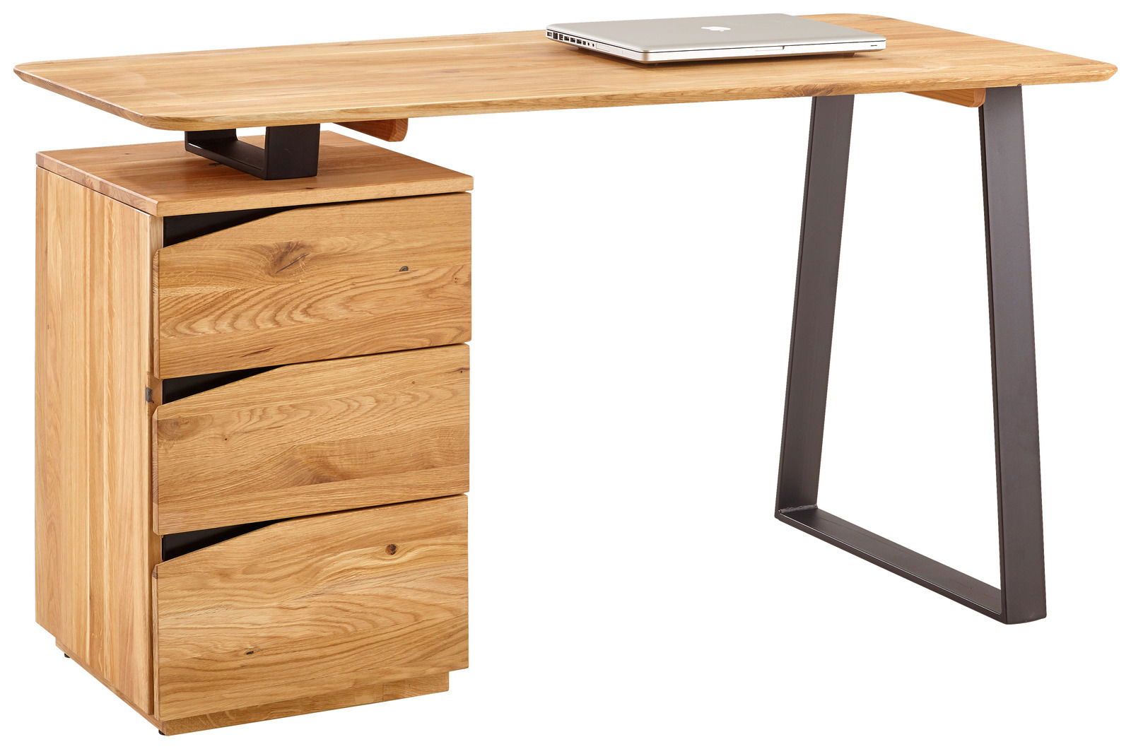 Moderner Schreibtisch aus Holz mit drei Schubladen und einem Metallbein, seitliche Perspektive