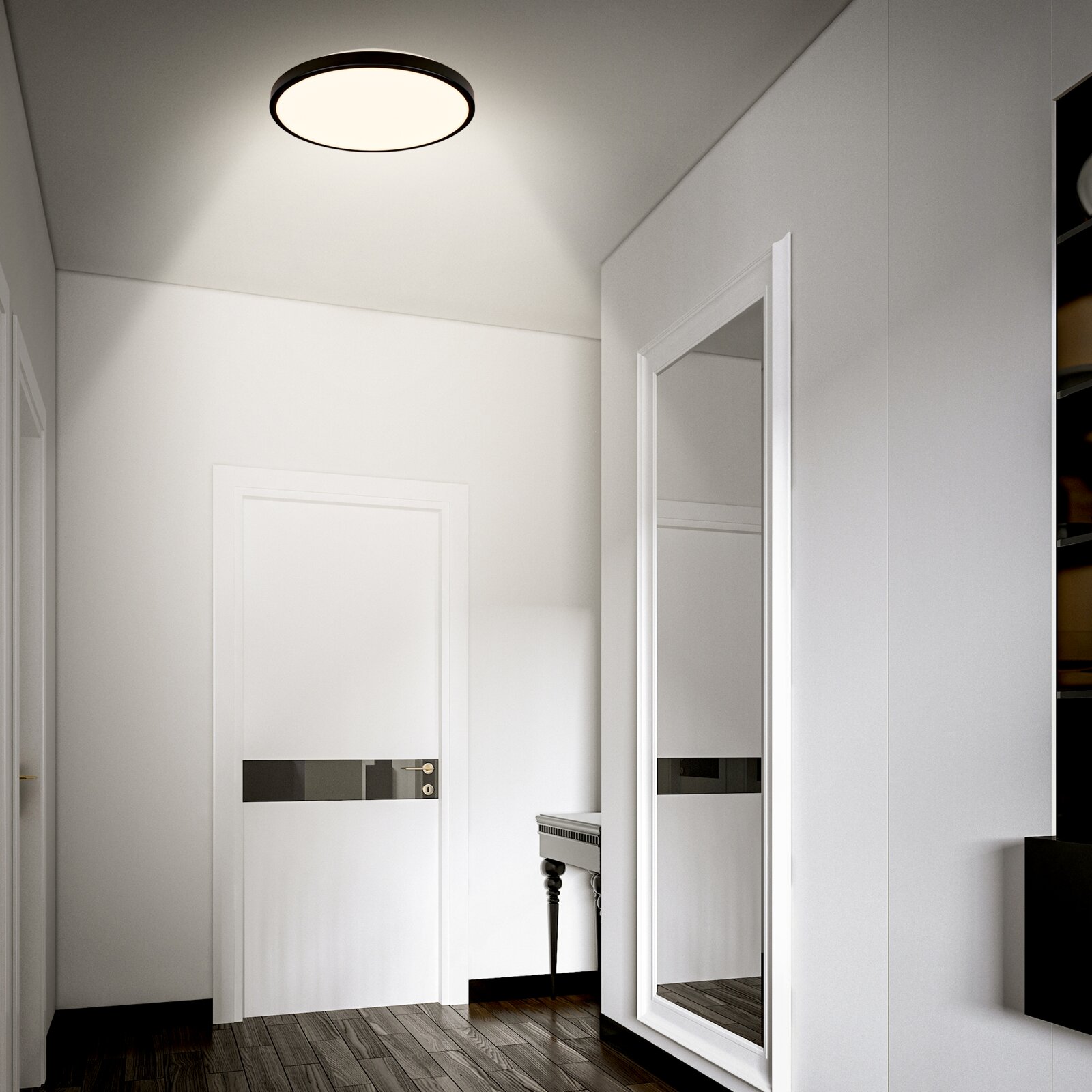 Briloner LED-plafondlamp CHET Moderne ronde plafondlamp met zwarte rand en opaal diffuser, warm wit licht, gemonteerd aan het plafond in een minimalistische hal; perspectief: schuin van onderen (kijkhoek omhoog)