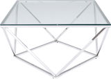 Moderner Couchtisch mit Glasplatte und geometrischem Metallgestell, seitliche Perspektive.
