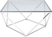 Moderner Couchtisch mit Glasplatte und geometrischem Metallgestell, seitliche Perspektive.