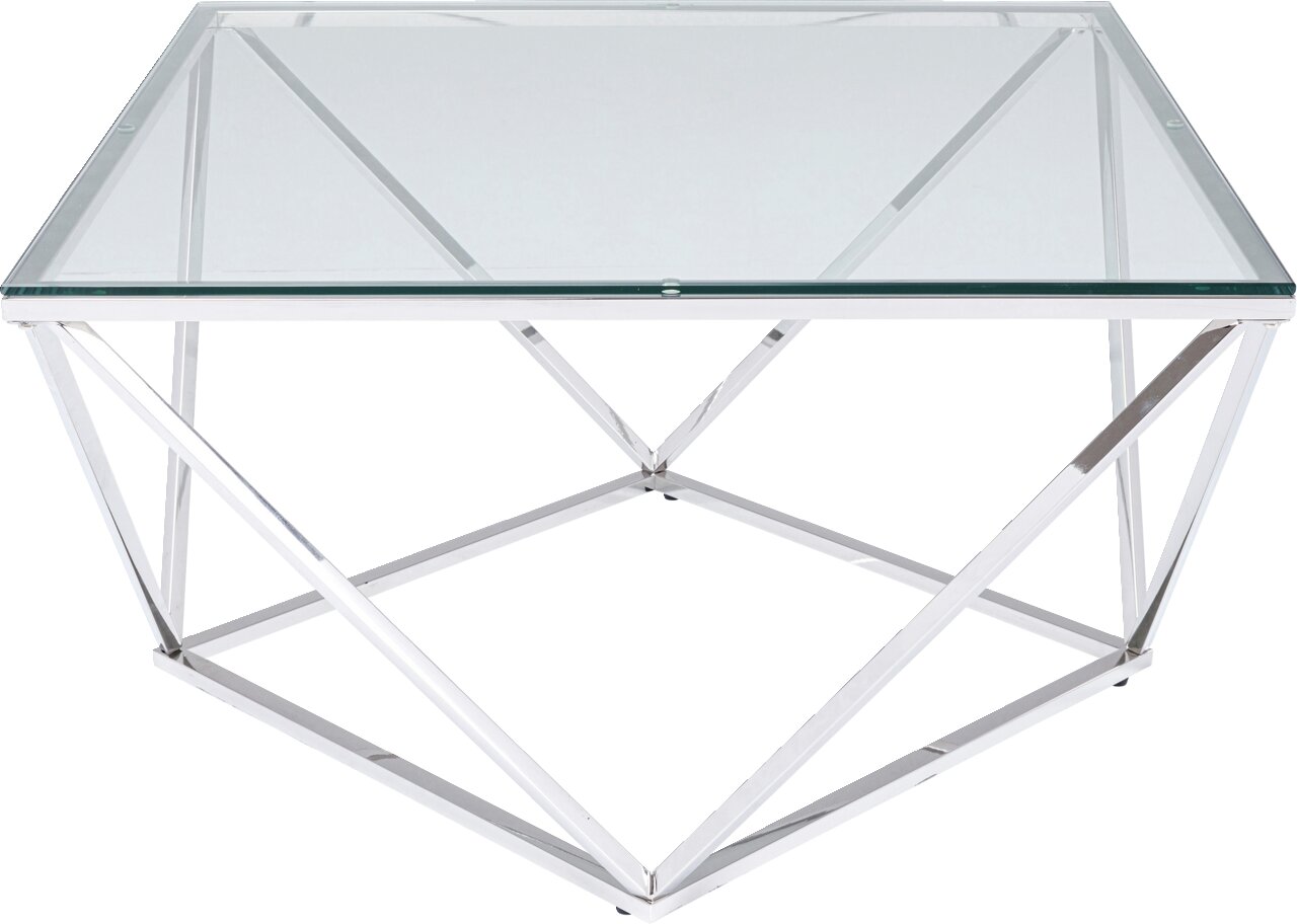 Moderner Couchtisch mit Glasplatte und geometrischem Metallgestell, seitliche Perspektive.