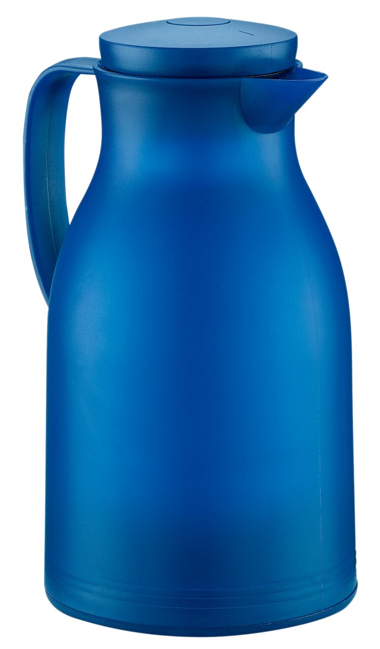 Blaue Isolierkanne aus Kunststoff, seitliche Perspektive
