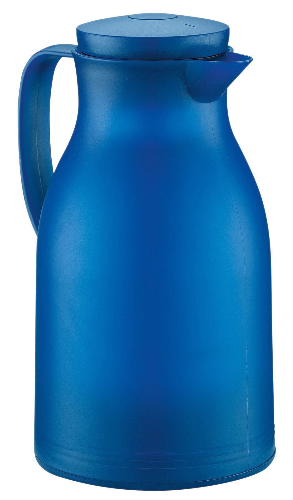 Blaue Isolierkanne aus Kunststoff, seitliche Perspektive