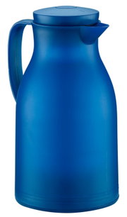 Blaue Isolierkanne aus Kunststoff, seitliche Perspektive