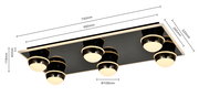 LED-Deckenleuchte mit sechs kugelförmigen Leuchten, rechteckige schwarze Basis, seitliche Perspektive