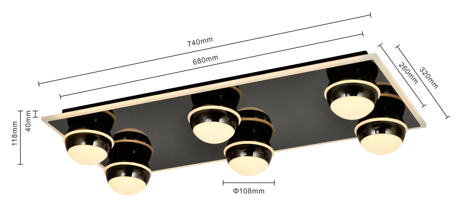 LED-Deckenleuchte mit sechs kugelförmigen Leuchten, rechteckige schwarze Basis, seitliche Perspektive