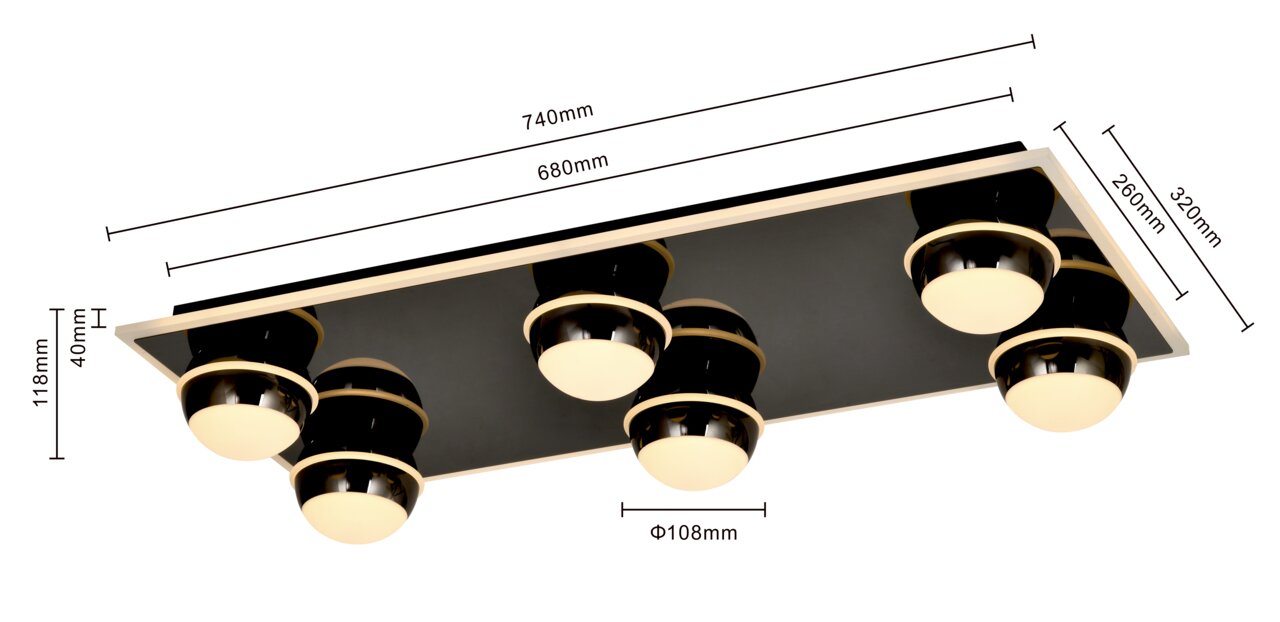LED-plafondlamp met zes bolvormige lampen, rechthoekige zwarte voet, zijaanzicht