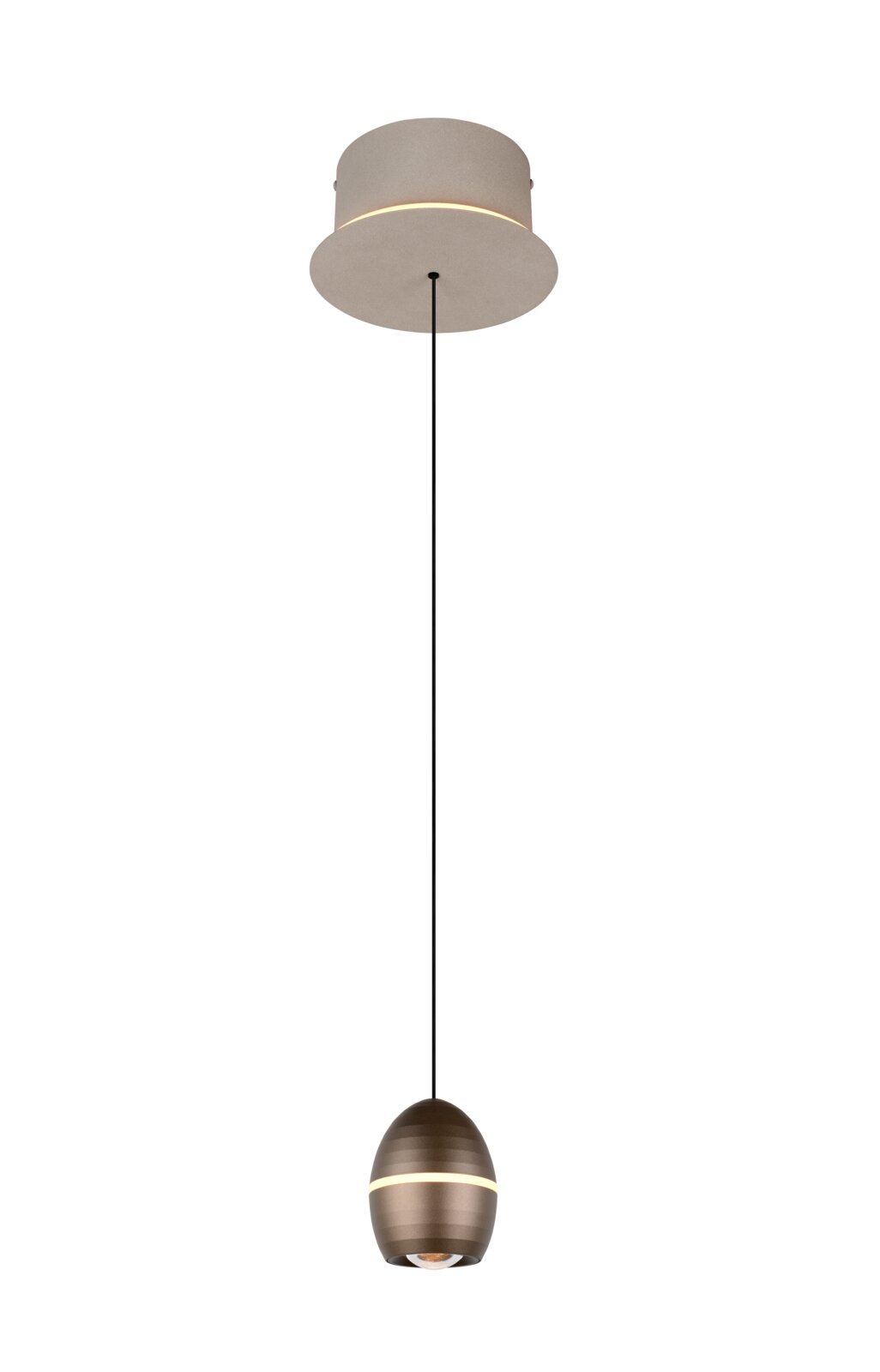 TRIO SELECT LED-hanglamp BEDFORD Moderne hanglamp met eivormige, donkergrijze kap en warm LED-licht, aan lange zwarte kabel met ronde plafondkap, frontaal aanzicht op witte achtergrond