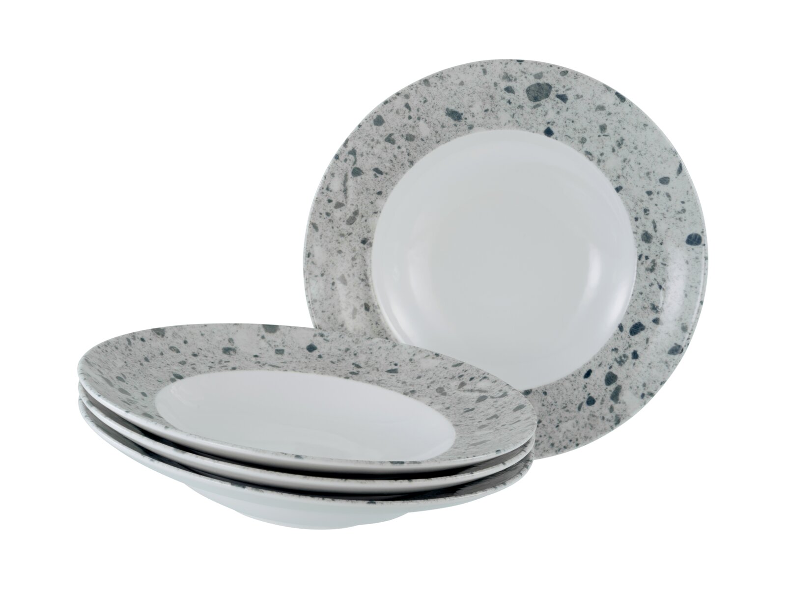Creatable Pastateller 4-tlg STONE COLLECTION Vier Speiseteller mit weißer Mitte und grau gesprenkeltem Rand, ein Teller stehend und drei gestapelt, fotografiert in schräger Vorderansicht auf weißem Hintergrund