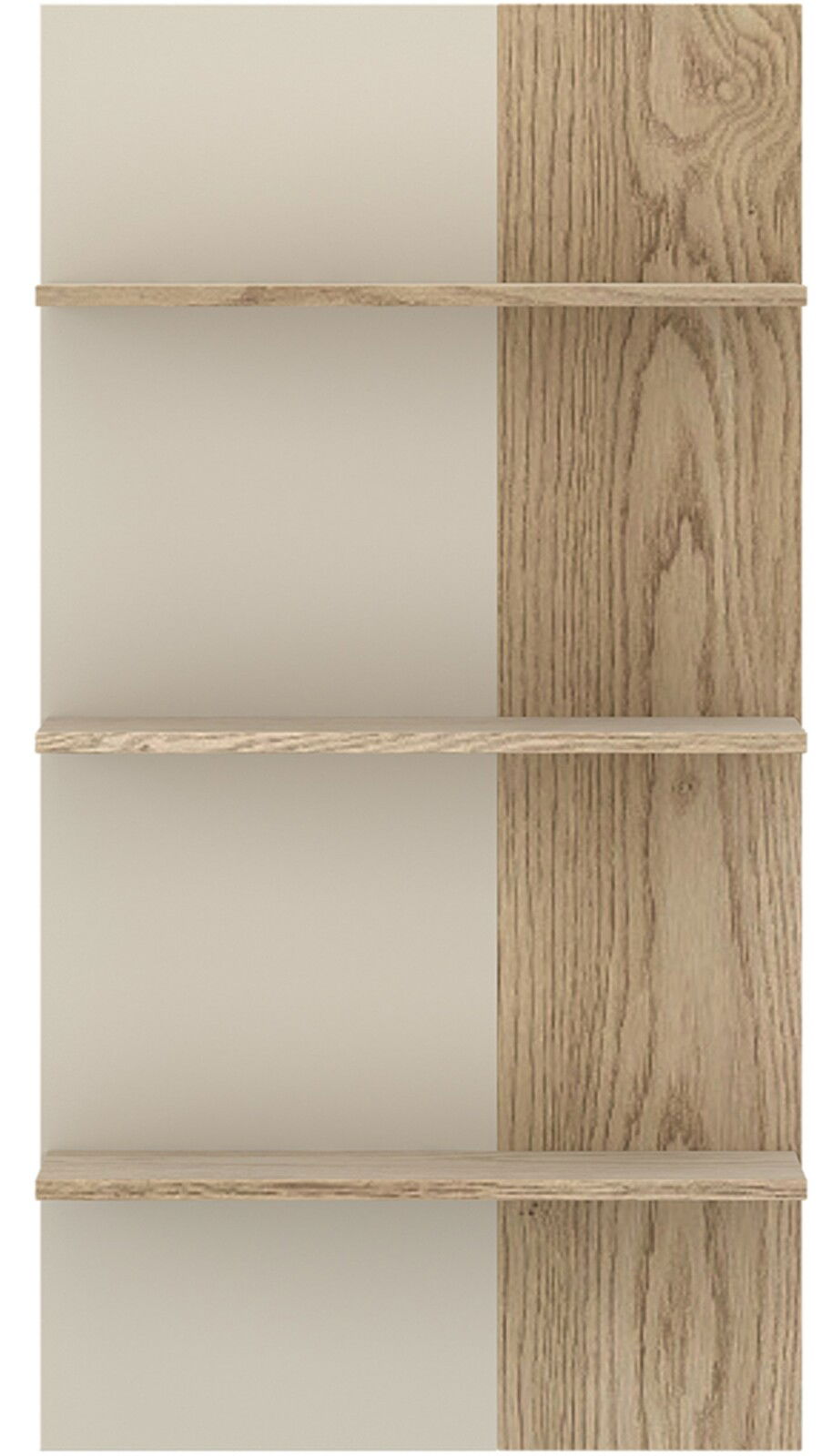 Frontale Ansicht eines modernen Wandregals mit vier Regalböden in Holzoptik und neutralem Hintergrund.