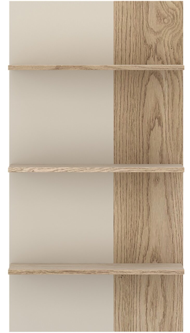 Frontale Ansicht eines modernen Wandregals mit vier Regalböden in Holzoptik und neutralem Hintergrund.