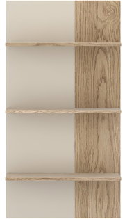 Frontale Ansicht eines modernen Wandregals mit vier Regalböden in Holzoptik und neutralem Hintergrund.