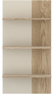 Frontale Ansicht eines modernen Wandregals mit vier Regalböden in Holzoptik und neutralem Hintergrund.