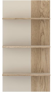 Vooraanzicht van een moderne wandkast met vier planken in houtlook en een neutrale achtergrond.