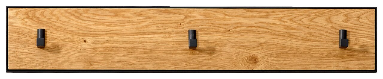 Houten kapstok met drie zwarte haken, gezien vanaf de voorkant