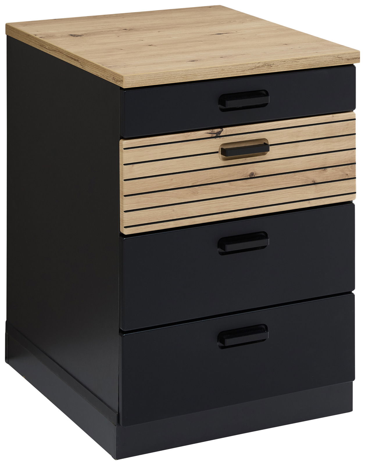 Moderner Rollcontainer mit schwarzem Korpus und Holzfronten, seitliche Perspektive