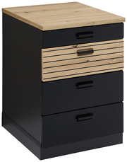 Moderner Rollcontainer mit schwarzem Korpus und Holzfronten, seitliche Perspektive