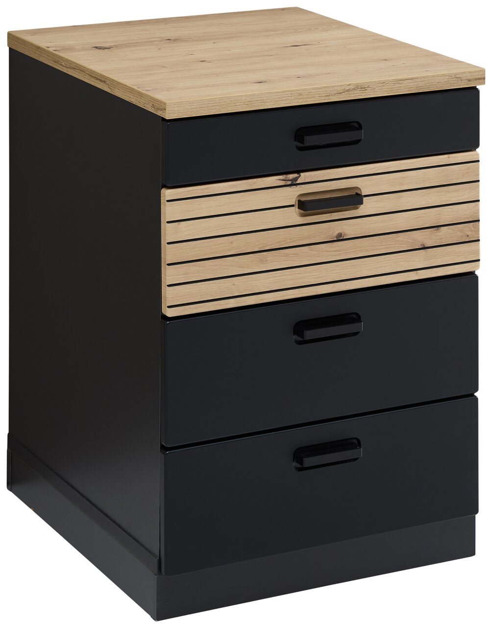 Moderner Rollcontainer mit schwarzem Korpus und Holzfronten, seitliche Perspektive