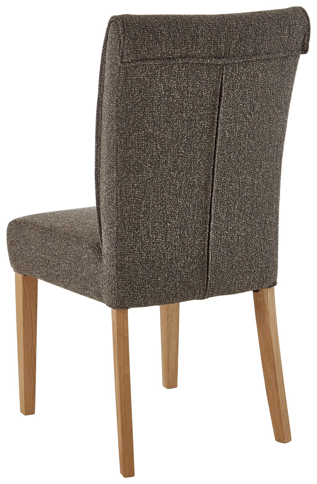 Rückansicht eines gepolsterten Stuhls mit braunem Stoffbezug und Holzbeinen.