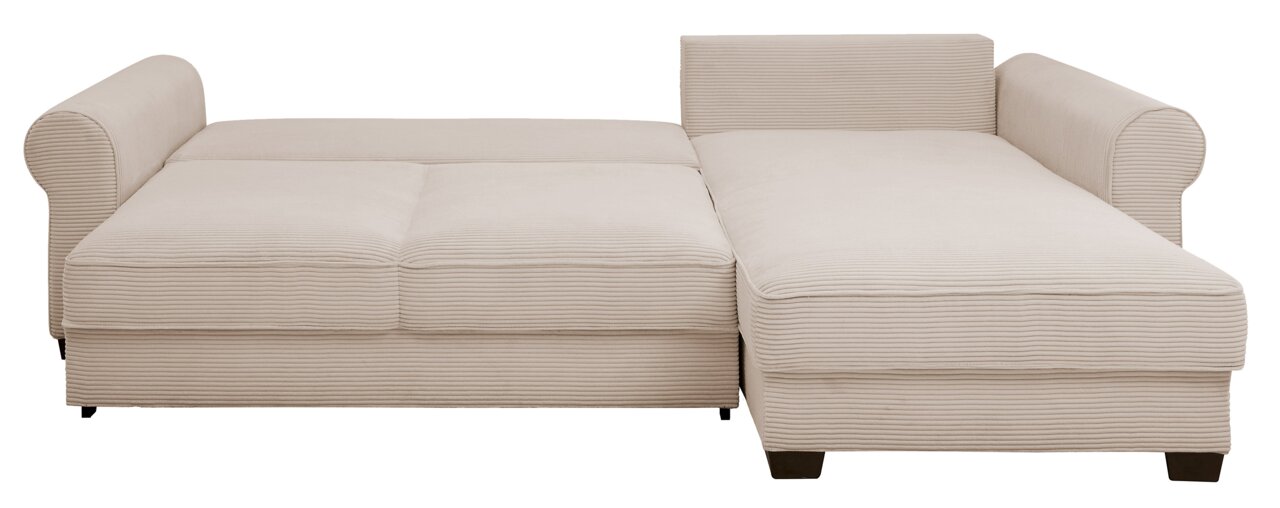 Beige hoekbank met geribbelde stoffen bekleding, gezien vanaf de voorkant.