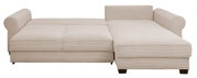 Beige hoekbank met geribbelde stoffen bekleding, gezien vanaf de voorkant.