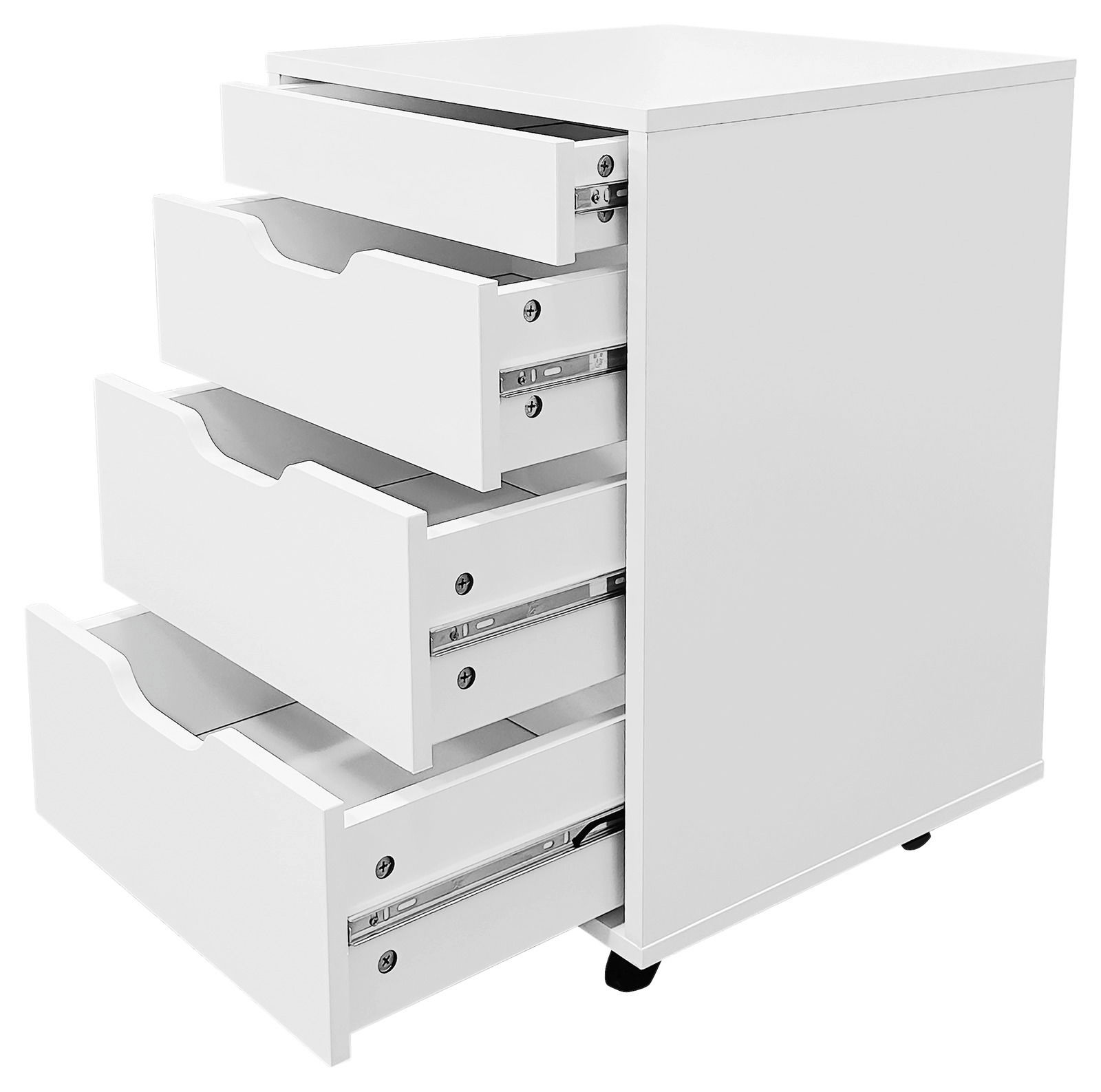 Weißer Rollcontainer mit vier geöffneten Schubladen, seitliche Perspektive
