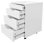 Weißer Rollcontainer mit vier geöffneten Schubladen, seitliche Perspektive