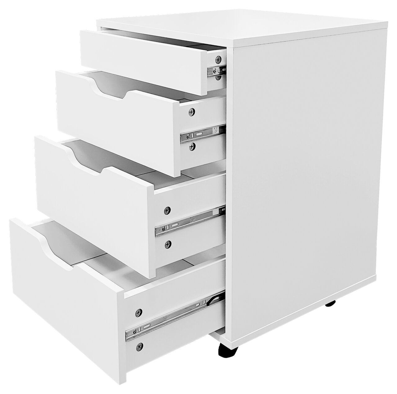 Weißer Rollcontainer mit vier geöffneten Schubladen, seitliche Perspektive