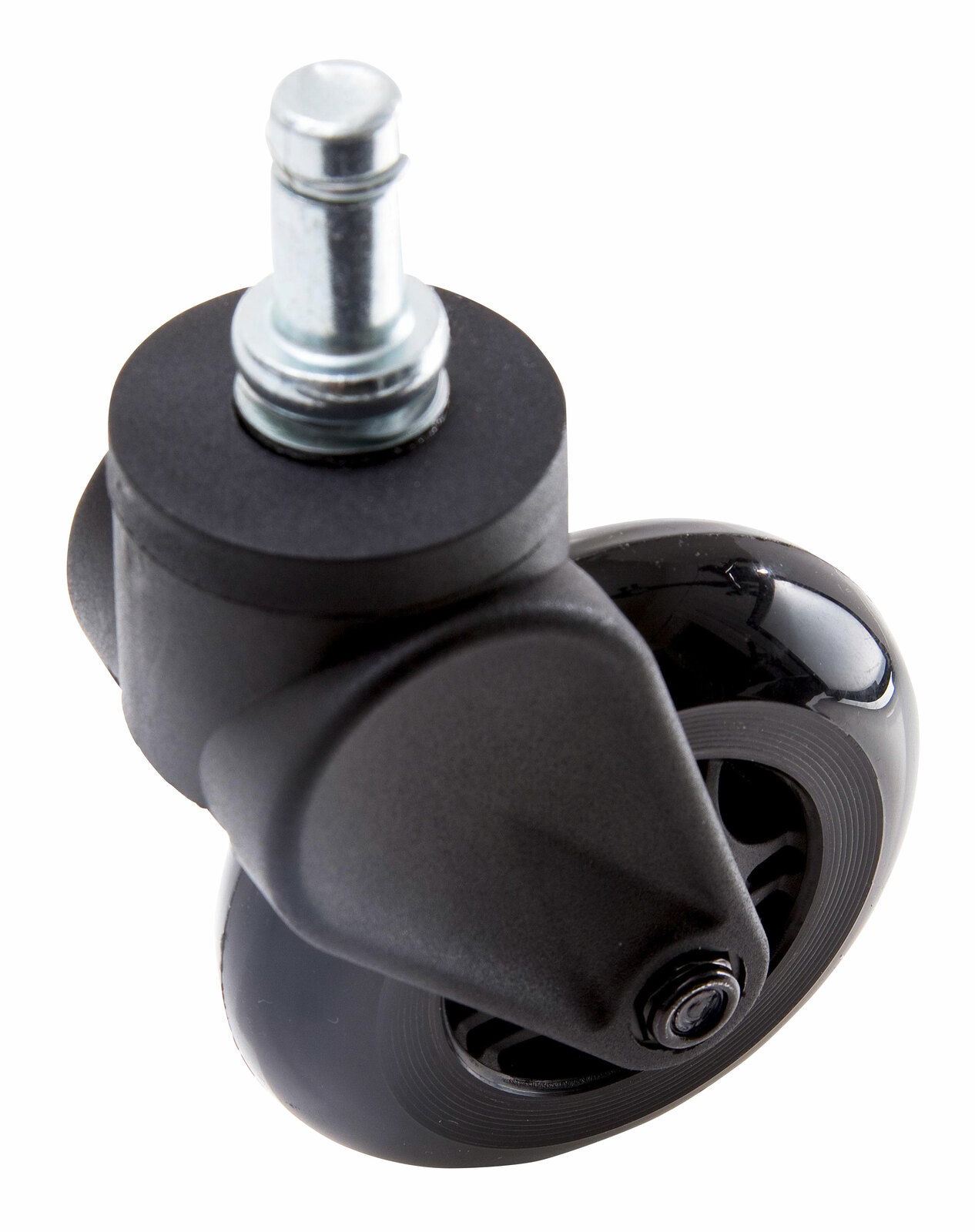 Nahaufnahme einer schwarzen Hartbodenrolle mit Metallstift, seitliche Perspektive