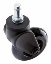 Nahaufnahme einer schwarzen Hartbodenrolle mit Metallstift, seitliche Perspektive