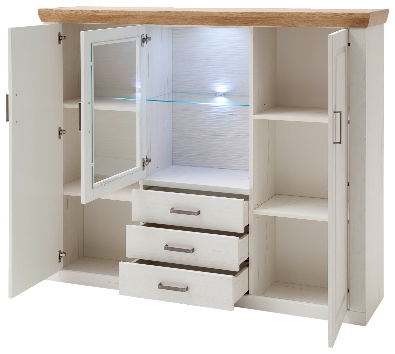 Geöffnete weiße Holz-Kommode mit Eichenholz-Optik-Deckplatte, Spiegelinnentür, Glasboden mit LED-Beleuchtung, drei Schubladen und seitlichen Fächern, Frontansicht leicht schräg von links