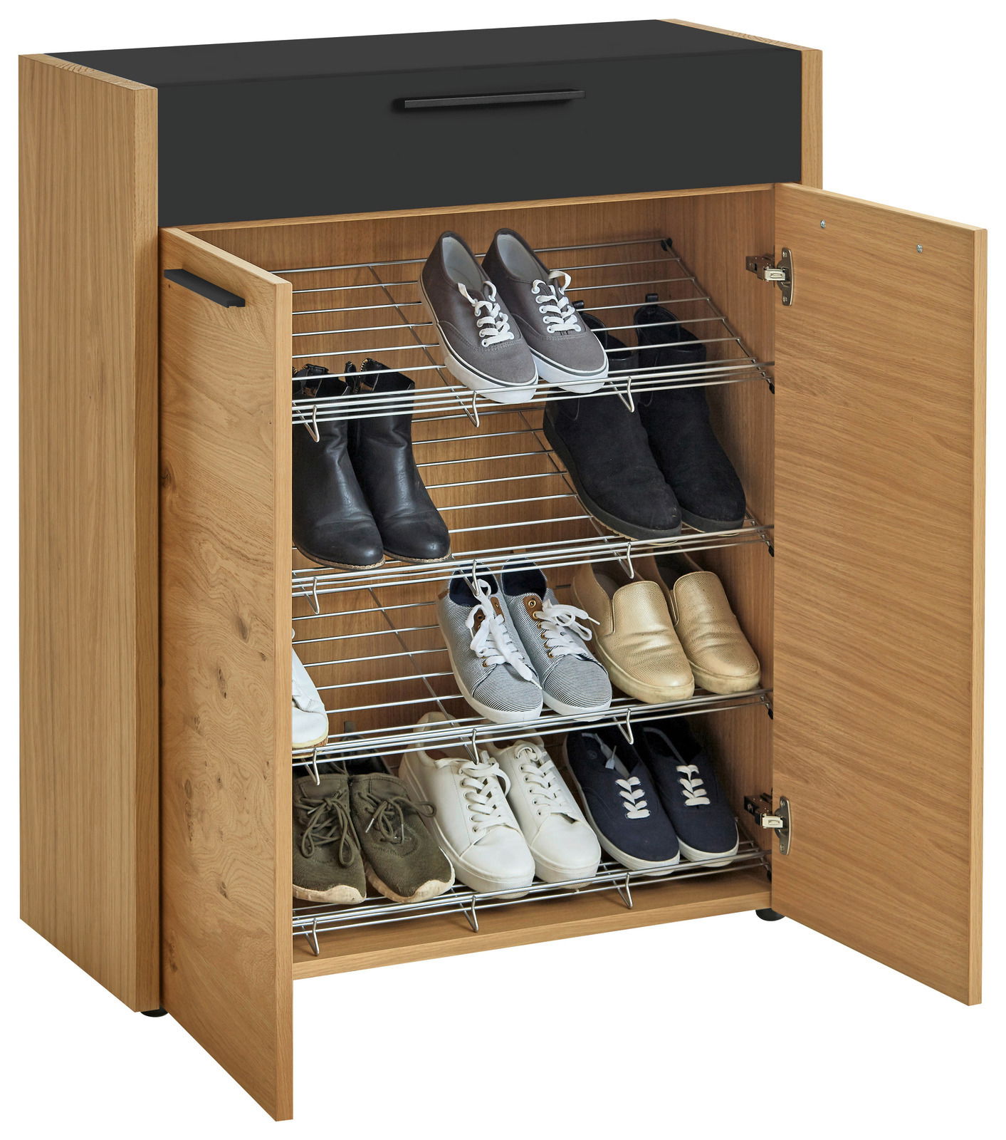 VOSS Schuhschrank LEVIO Schuhschrank aus Holz mit schwarzer Oberseite, offene Türen, gefüllt mit verschiedenen Schuhen, frontale Perspektive