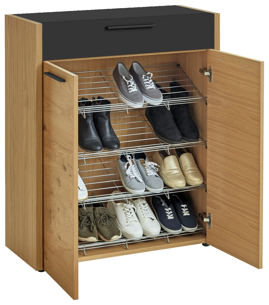 VOSS Schuhschrank LEVIO Schuhschrank aus Holz mit schwarzer Oberseite, offene Türen, gefüllt mit verschiedenen Schuhen, frontale Perspektive