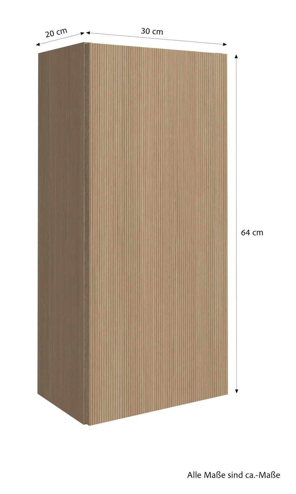 Hängeschrank aus Holz mit vertikaler Maserung, Maße 64 cm hoch, 30 cm breit, 20 cm tief, perspektivische Ansicht von vorne links