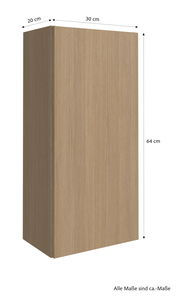 Hängeschrank aus Holz mit vertikaler Maserung, Maße 64 cm hoch, 30 cm breit, 20 cm tief, perspektivische Ansicht von vorne links