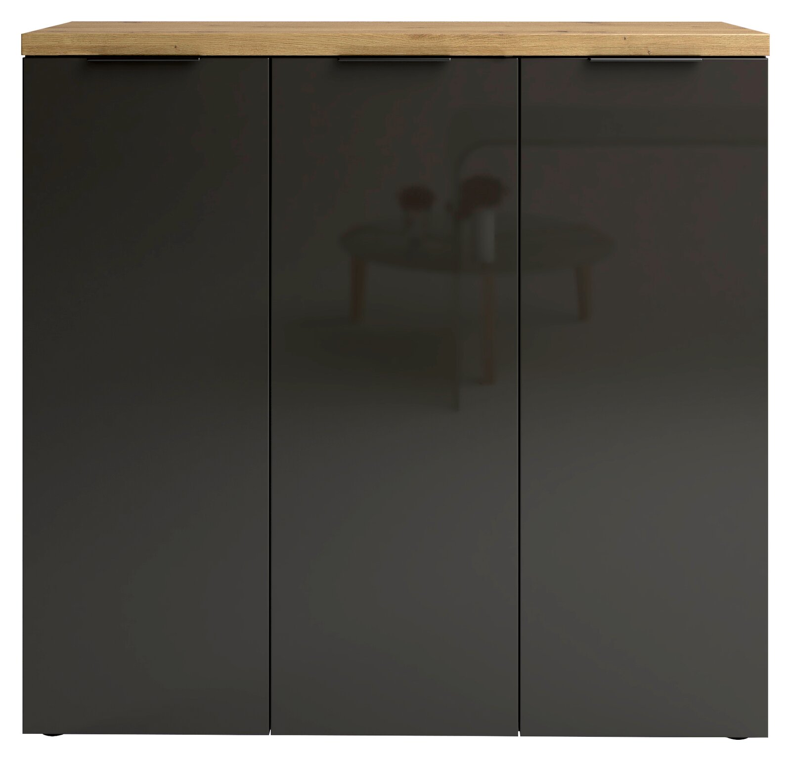 Moderner XL-Schuhschrank mit drei Türen in dunkler Farbe und Holzoberfläche, Frontalansicht
