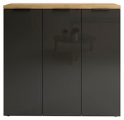 Moderner XL-Schuhschrank mit drei Türen in dunkler Farbe und Holzoberfläche, Frontalansicht