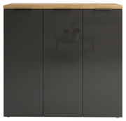 Moderner XL-Schuhschrank mit drei Türen in dunkler Farbe und Holzoberfläche, Frontalansicht