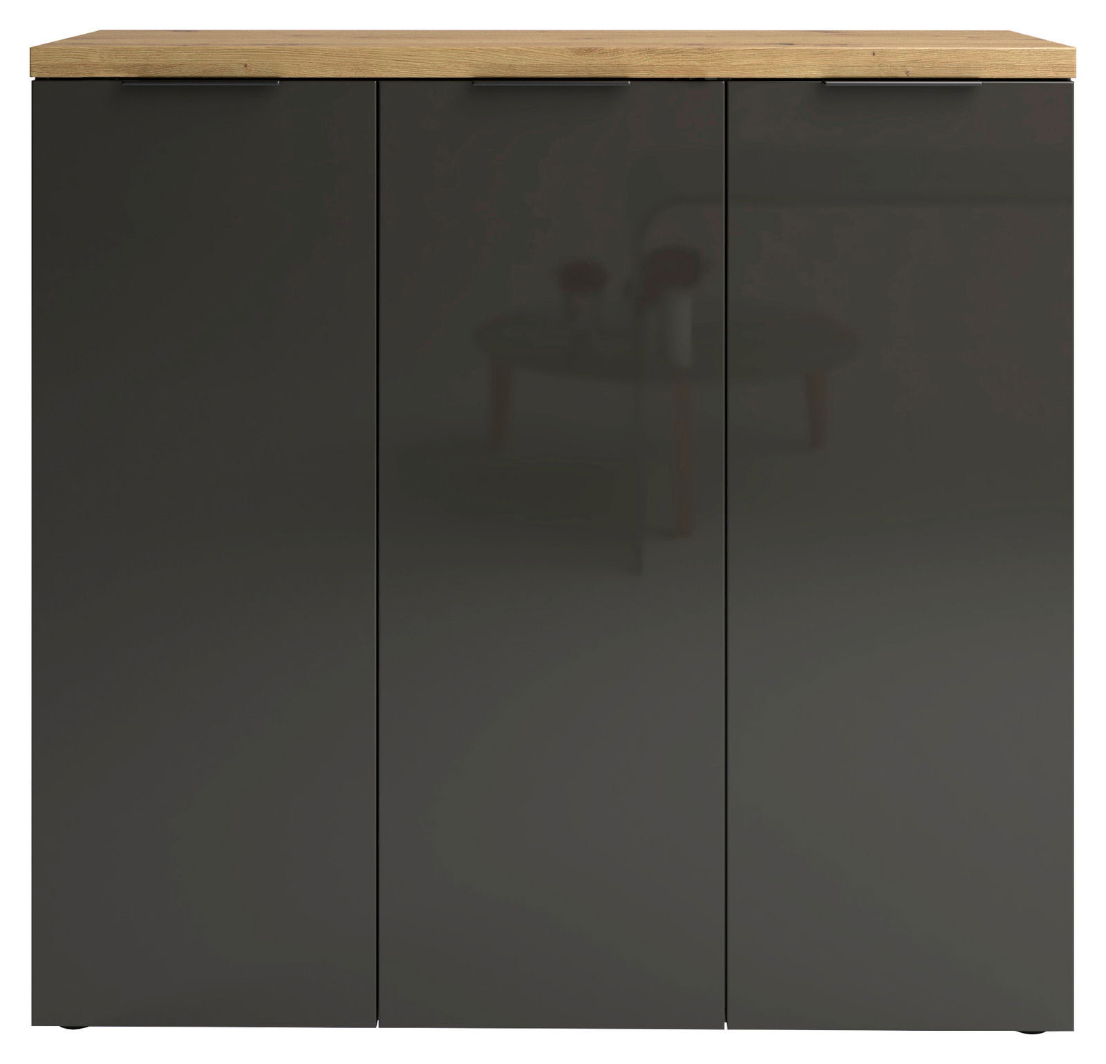 Moderner XL-Schuhschrank mit drei Türen in dunkler Farbe und Holzoberfläche, Frontalansicht