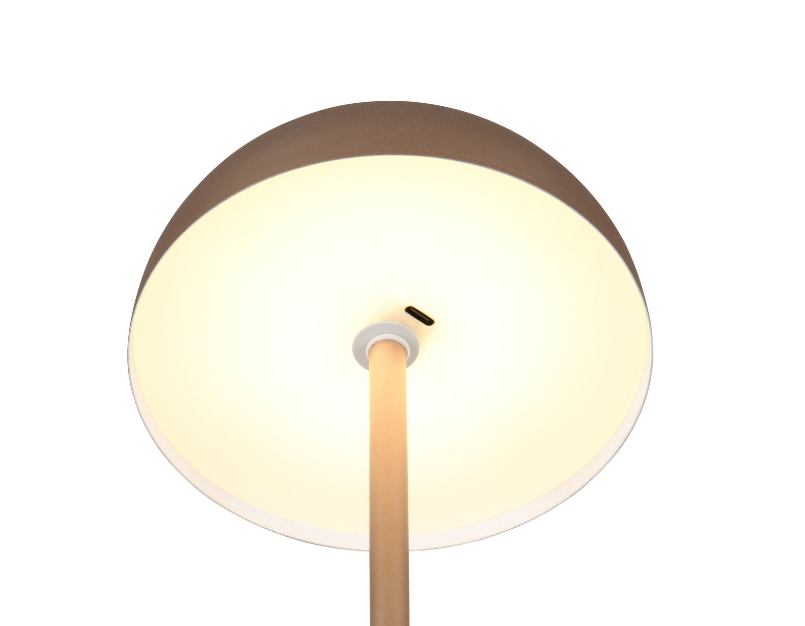 Reality Leuchten Akku-Tischleuchte MUNOZ Unteransicht einer Akku-Tischleuchte mit leuchtendem Lampenschirm und USB-Anschluss.