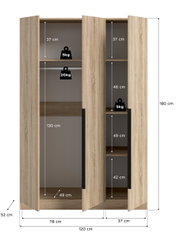 Offener Kleiderschrank in heller Eichenoptik mit drei Türen, Kleiderstange und Fächern, Maßangaben (120×180×52 cm) und Belastungsangaben, Frontansicht