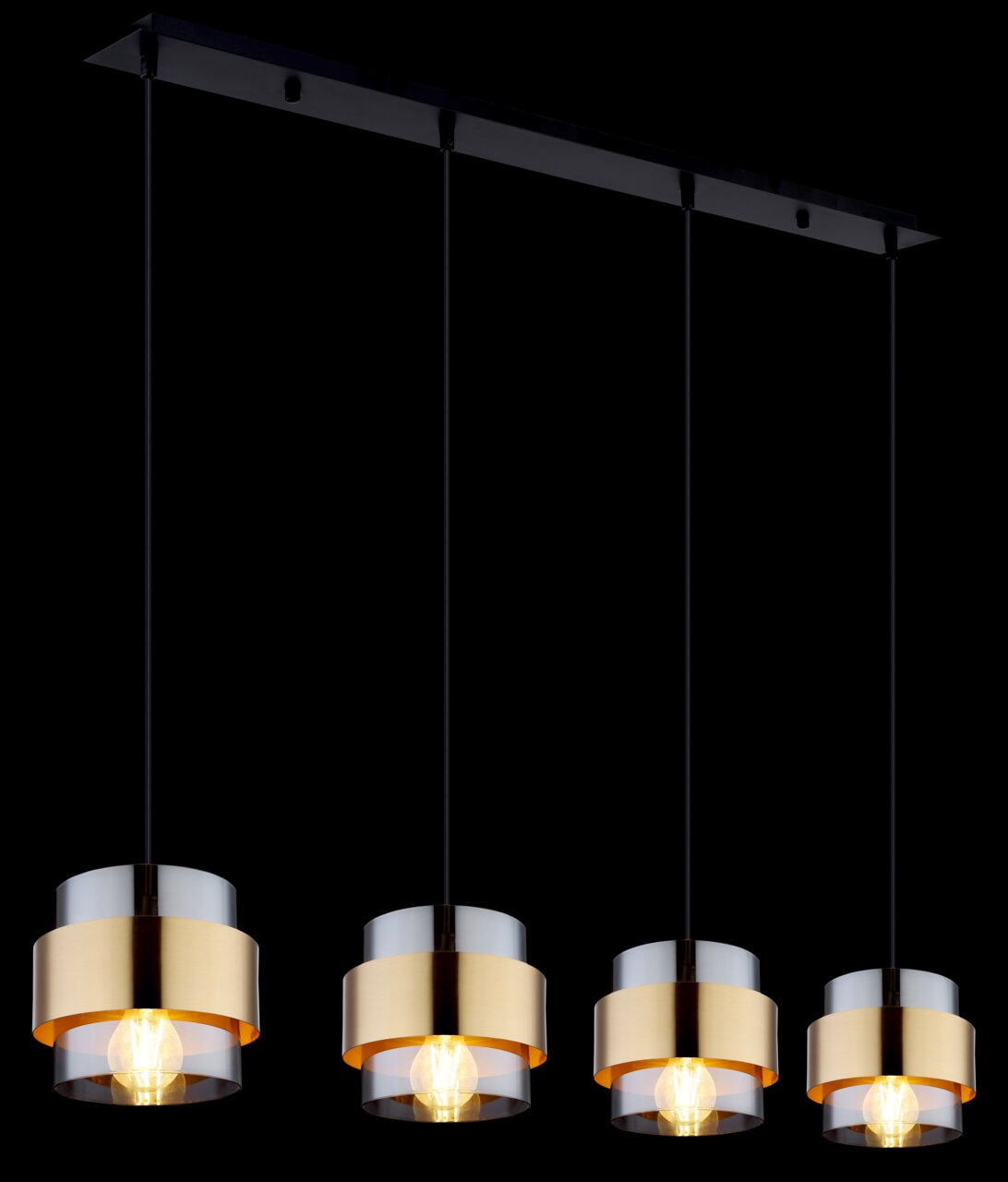 Moderne Hängeleuchte mit vier zylindrischen Lampenschirmen in Gold und Silber, von unten betrachtet.