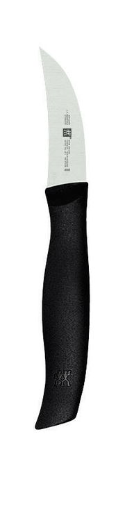 Schälmesser TWIN GRIP mit schwarzem Griff und gebogener Klinge, seitliche Ansicht