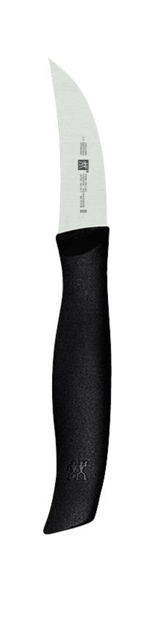 Schälmesser TWIN GRIP mit schwarzem Griff und gebogener Klinge, seitliche Ansicht