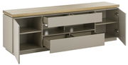 TV-Lowboard mit offener Frontansicht, zwei Schubladen und zwei seitlichen Schranktüren, in Holzoptik.