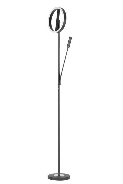 Moderner LED-Deckenfluter in schwarzer Farbe, seitliche Perspektive