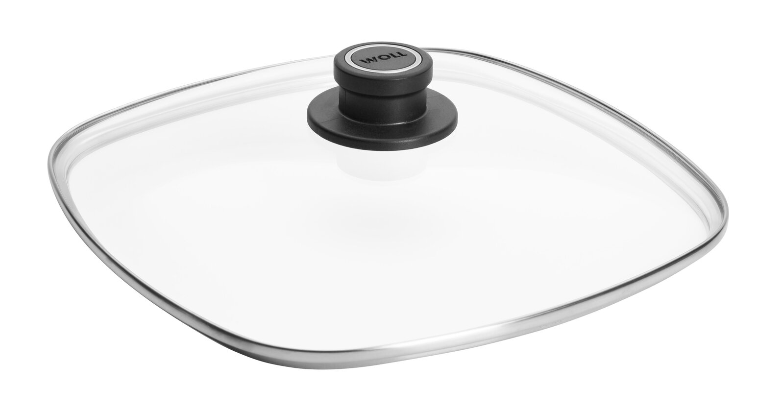 Sicherheitsglasdeckel 28 x 28 cm mit schwarzem Griff, aus der Vogelperspektive fotografiert.