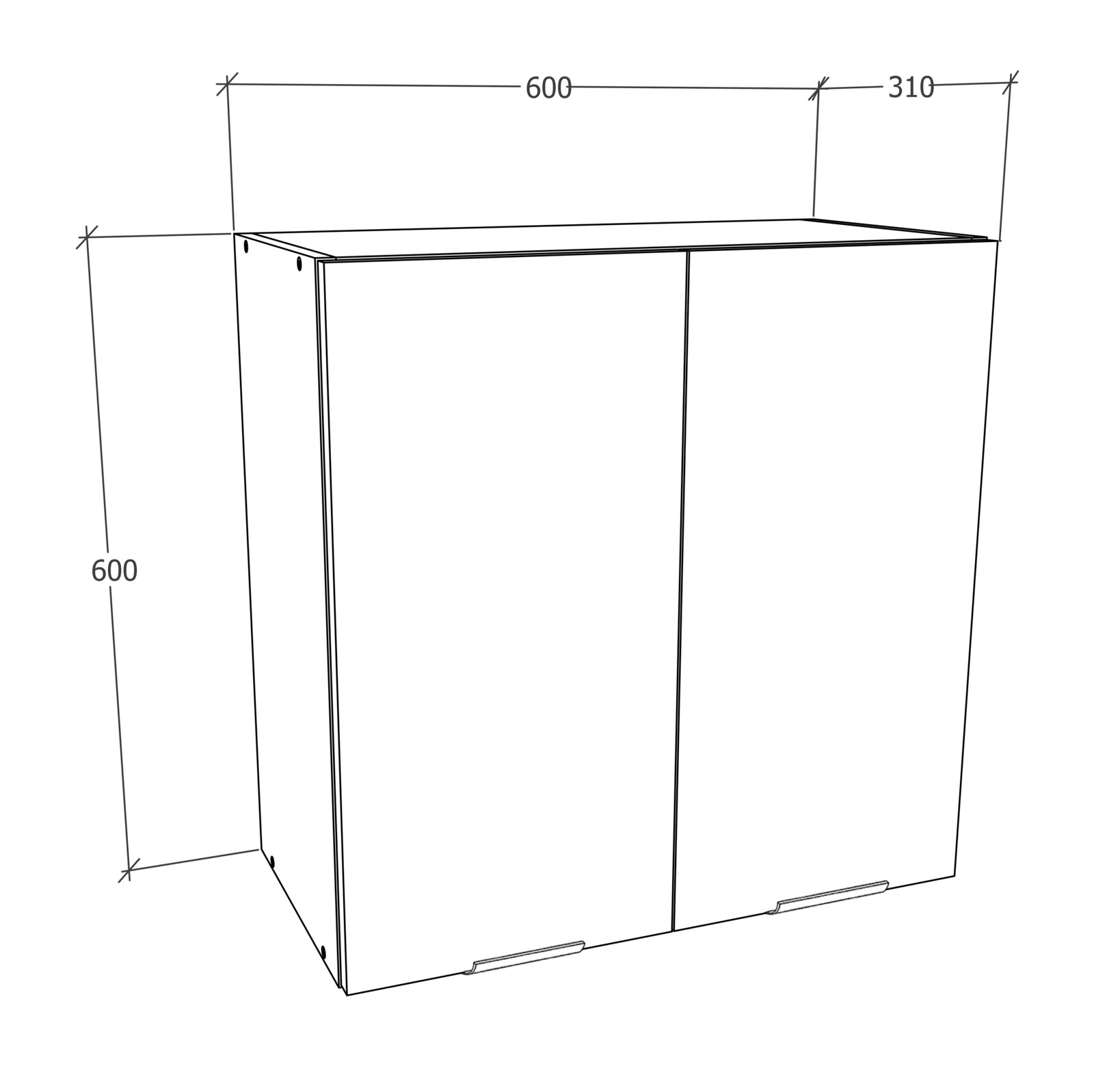 Zweiflügeliger Hängeschrank/Wandschrank in technischer Strichzeichnung mit Maßen 600 mm Breite, 600 mm Höhe und 310 mm Tiefe, in schräger Vorderansicht (Perspektive) dargestellt